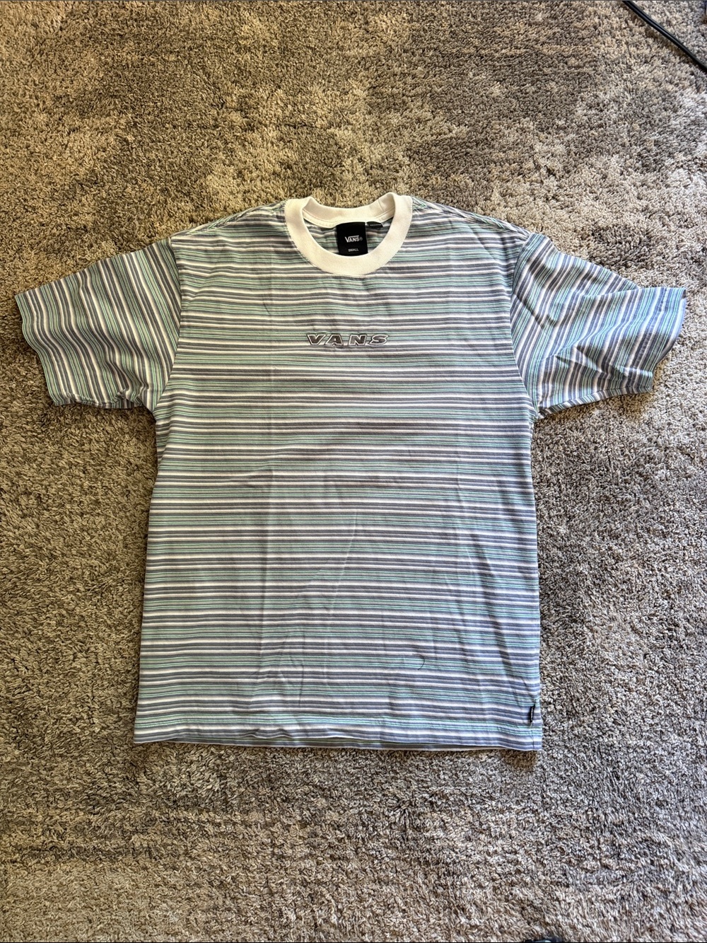 Vans Men’s Striped Crewneck Tee in Light Blue, White and Gray